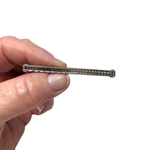 Victorian Antique Bar Pin Filigree Openwork Design, Old Silver Tone Bar Brooch - Picture 2 of 7